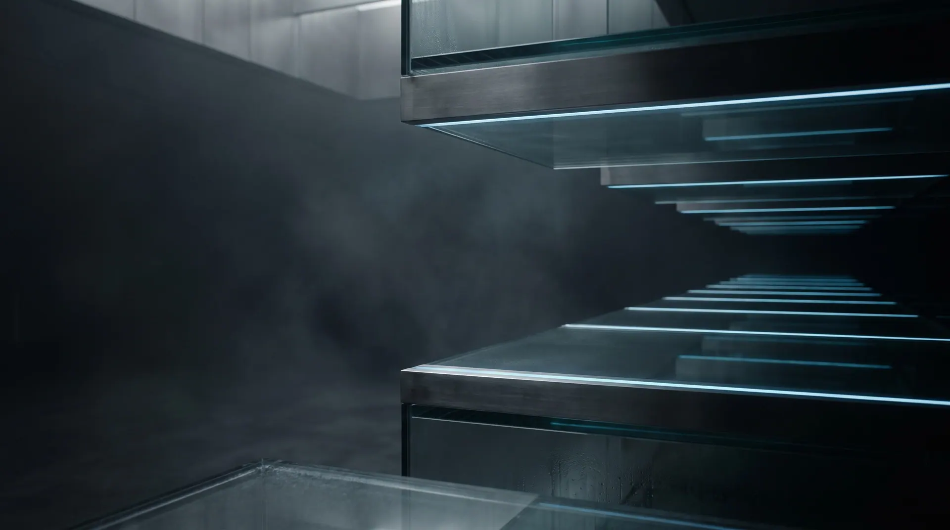 Abstracte architectuur van gestapelde glazen en metalen lagen met een subtiele lichtlijn, als beeld van gecoördineerde systemen.